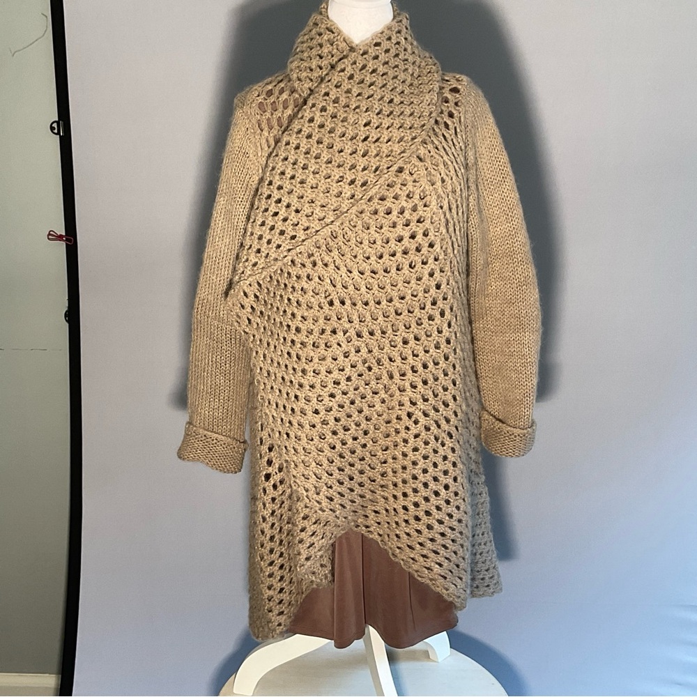 Anthropologie Elsamanda 2X Open Knit Hi/Lo Taupe Cardigan with Shawl Collar - Picture 16 of 16
